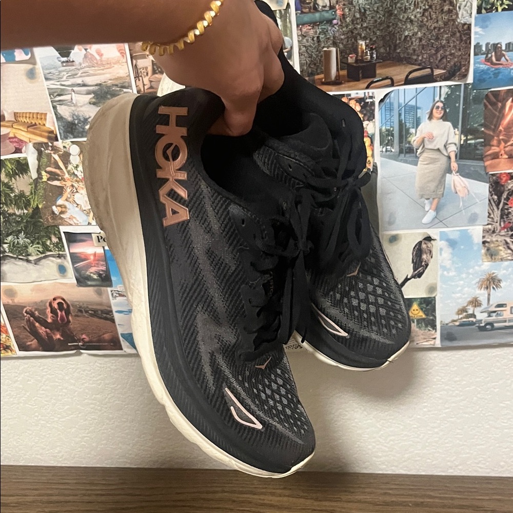 Hoka Clifton Women's Black, Rose Gold, and White Tennis Shoes